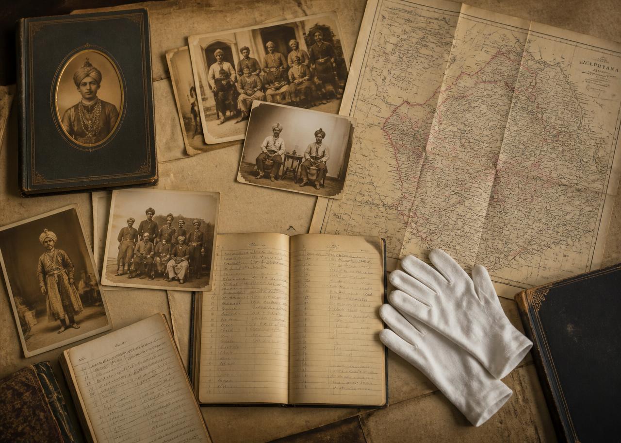 Archive table with aged photographs, a handwritten ledger, an old regional map and cotton gloves