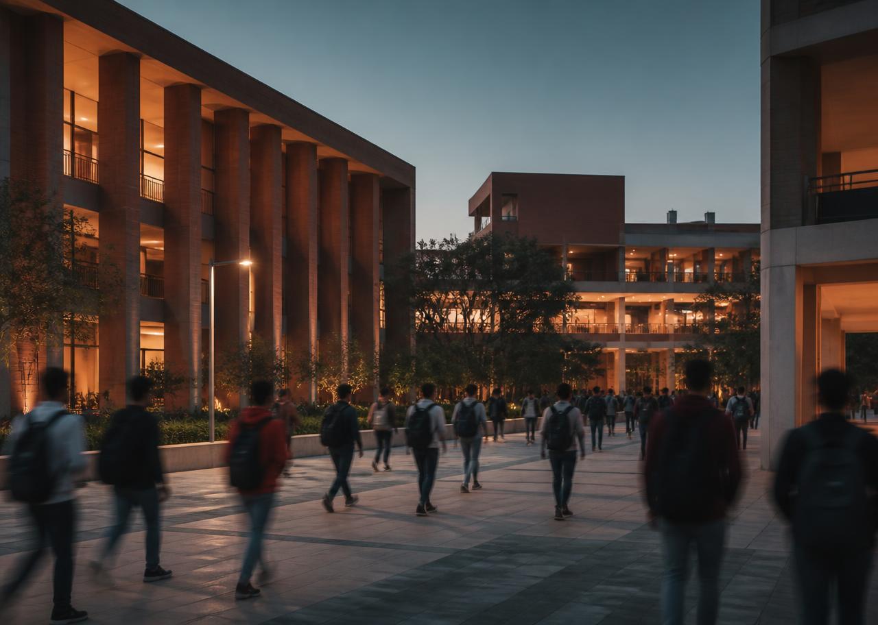 Students crossing a university courtyard at dusk